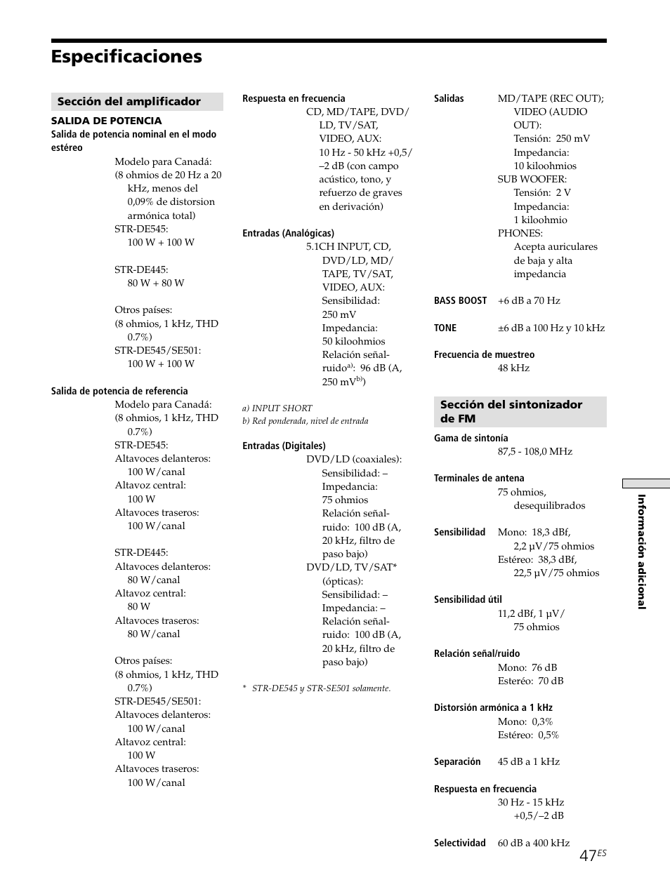 Especificaciones 47, Especificaciones | Sony STR-SE501 User Manual | Page 153 / 161