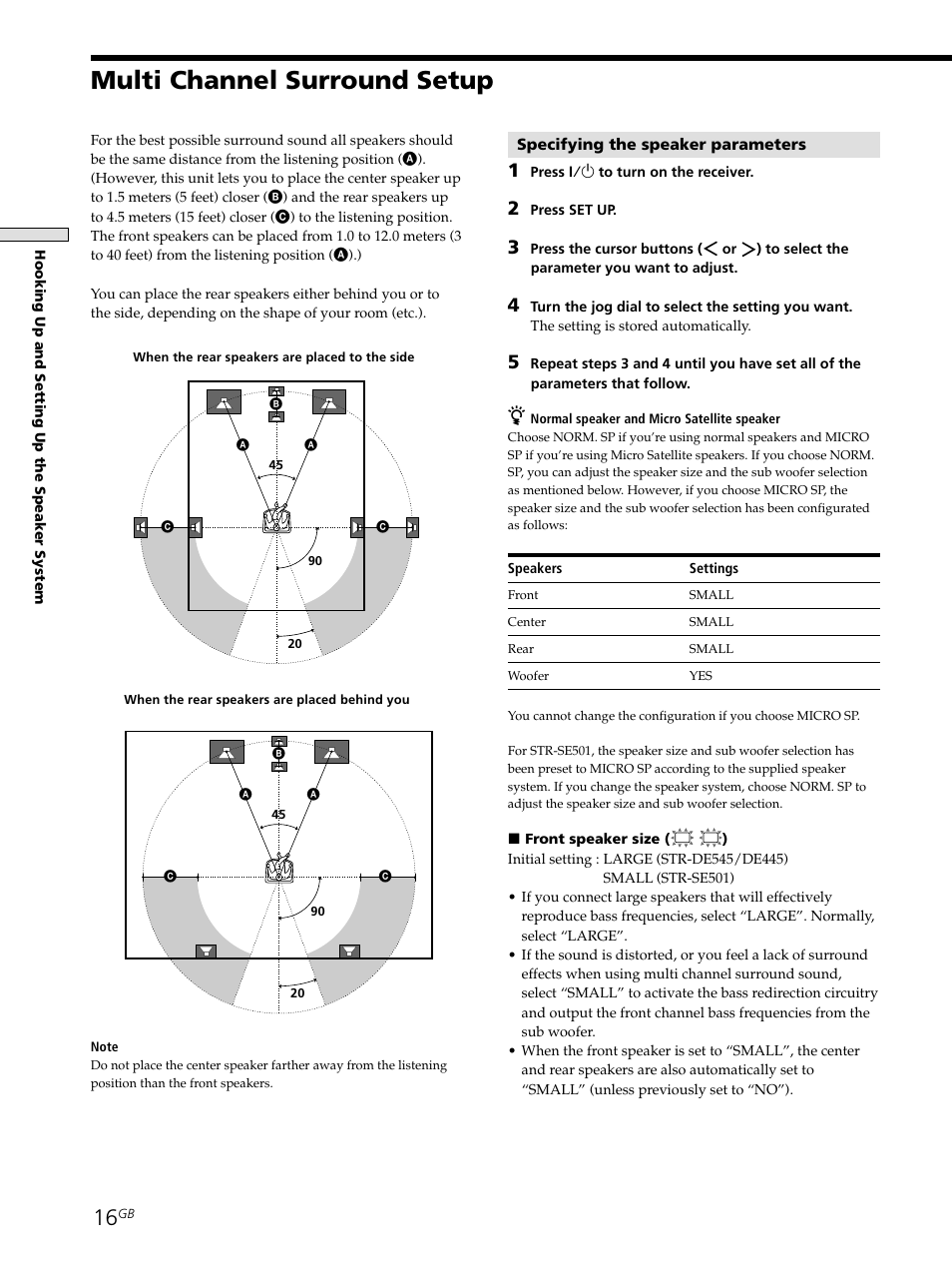 Multi channel surround setup 16, Multi channel surround setup | Sony STR-SE501 User Manual | Page 16 / 161