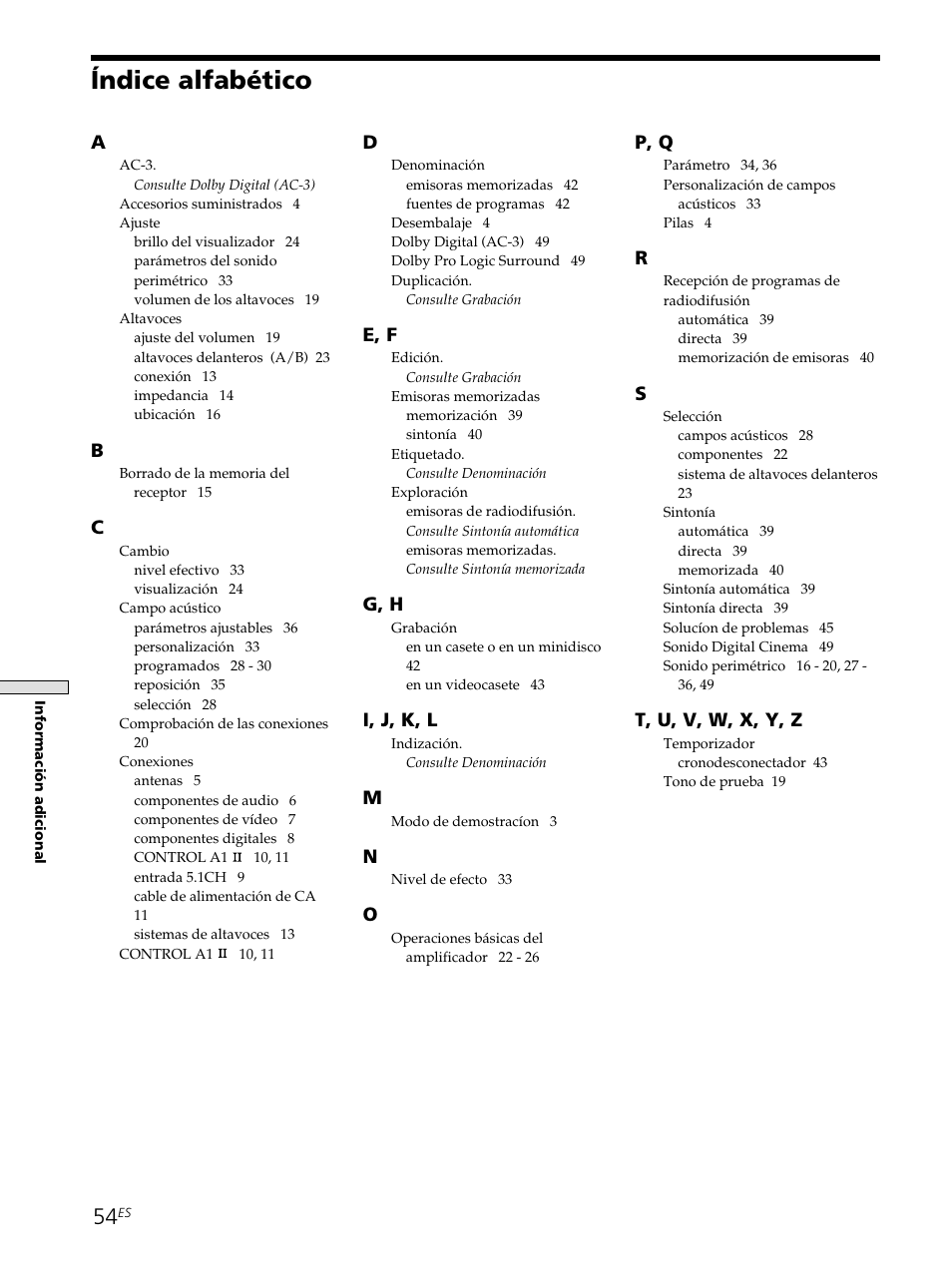 Índice alfabético 54, Índice alfabético, E, f | G, h, I, j, k, l, P, q, T, u, v, w, x, y, z | Sony STR-SE501 User Manual | Page 160 / 161