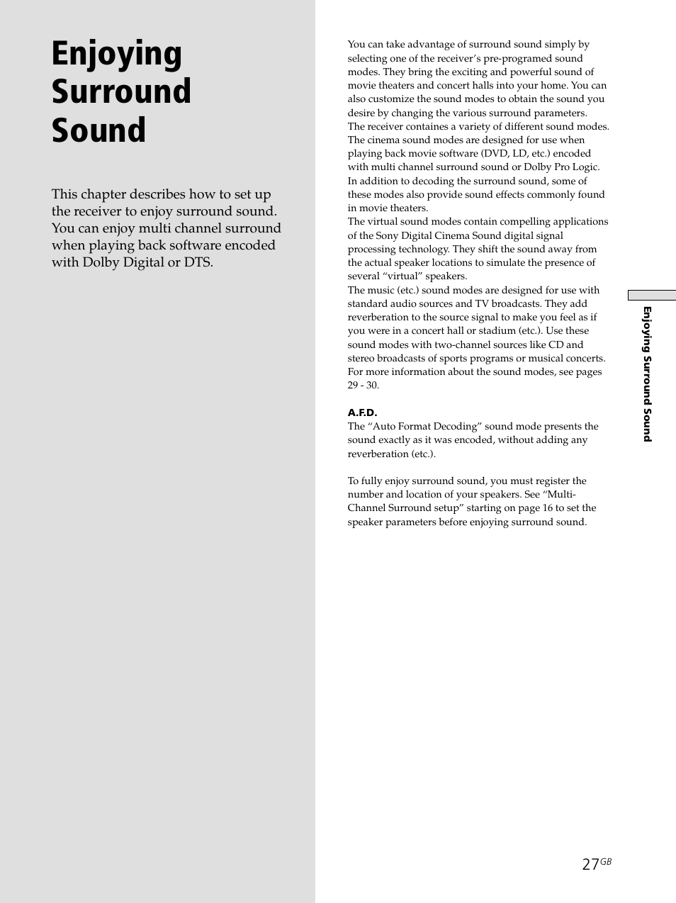 Enjoying surround sound | Sony STR-SE501 User Manual | Page 27 / 161