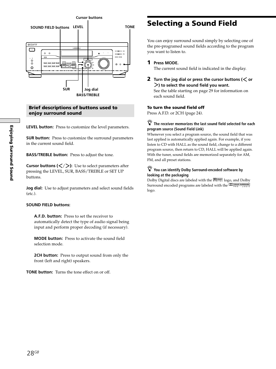 Selecting a sound field 28, Selecting a sound field, Enjoying surr ound sound | Sony STR-SE501 User Manual | Page 28 / 161