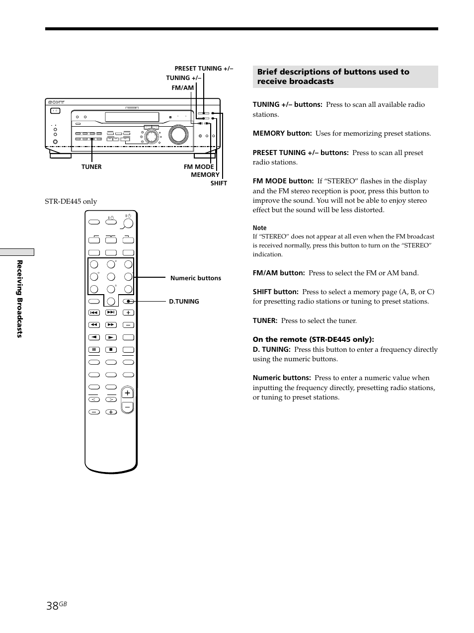 Receiving br oadcasts, Str-de445 only, Numeric buttons | D.tuning | Sony STR-SE501 User Manual | Page 38 / 161