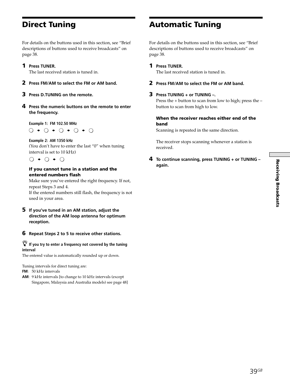 Direct tuning 39 automatic tuning 39, Direct tuning, Automatic tuning | Sony STR-SE501 User Manual | Page 39 / 161