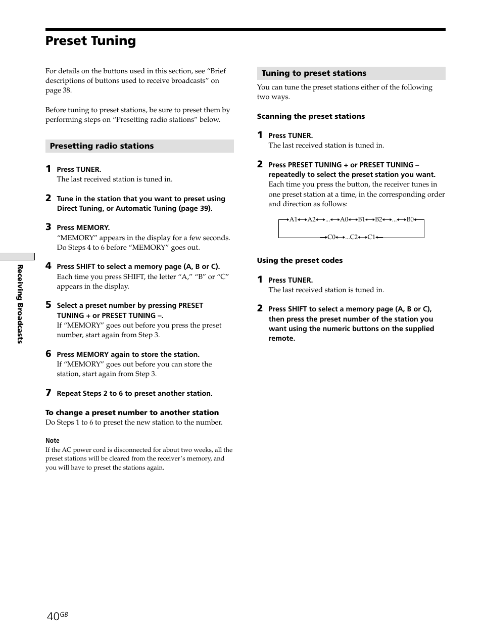 Preset tuning 40, Preset tuning | Sony STR-SE501 User Manual | Page 40 / 161