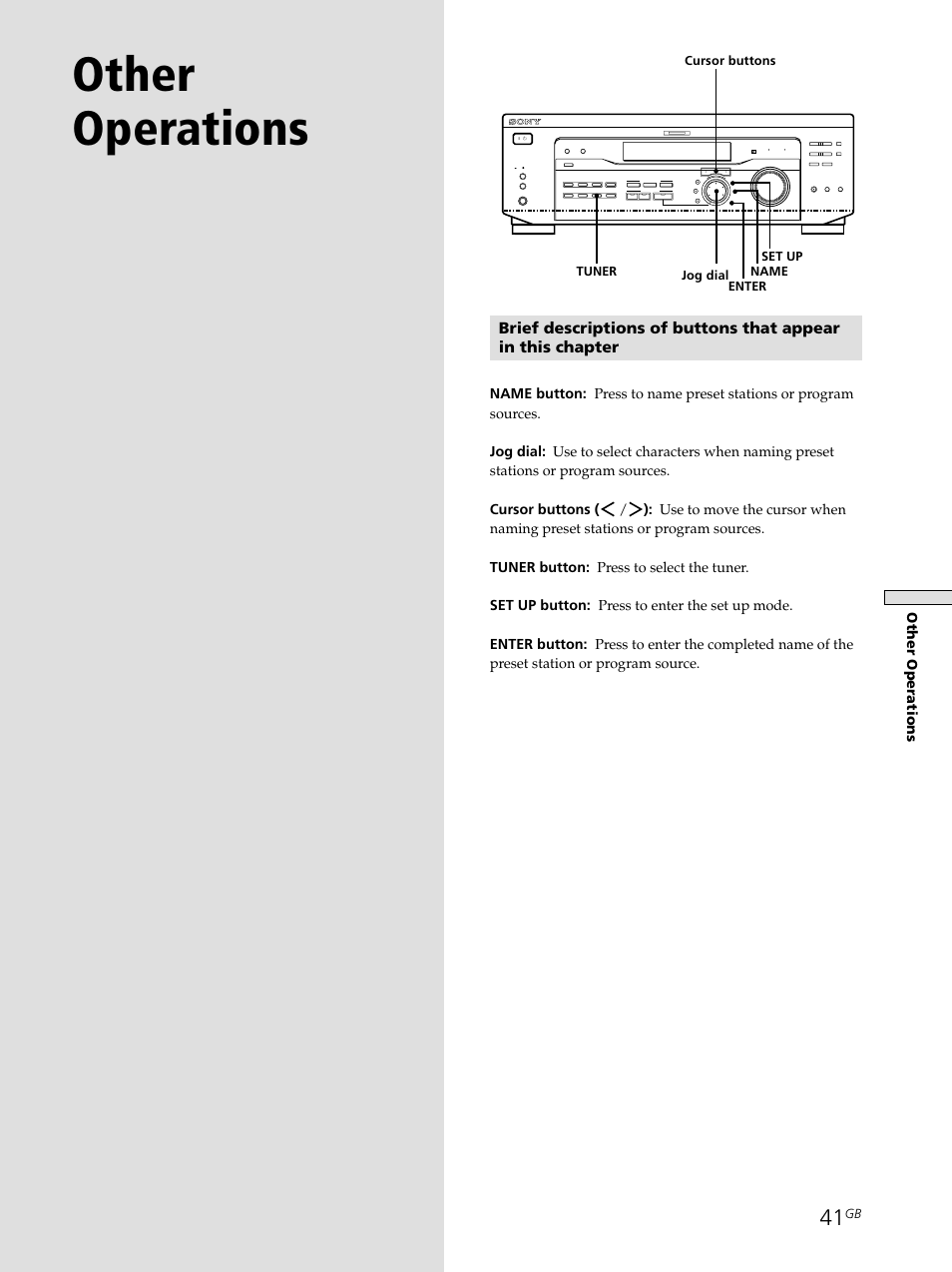 Other operations, Tuner name set up enter, Cursor buttons jog dial | Sony STR-SE501 User Manual | Page 41 / 161