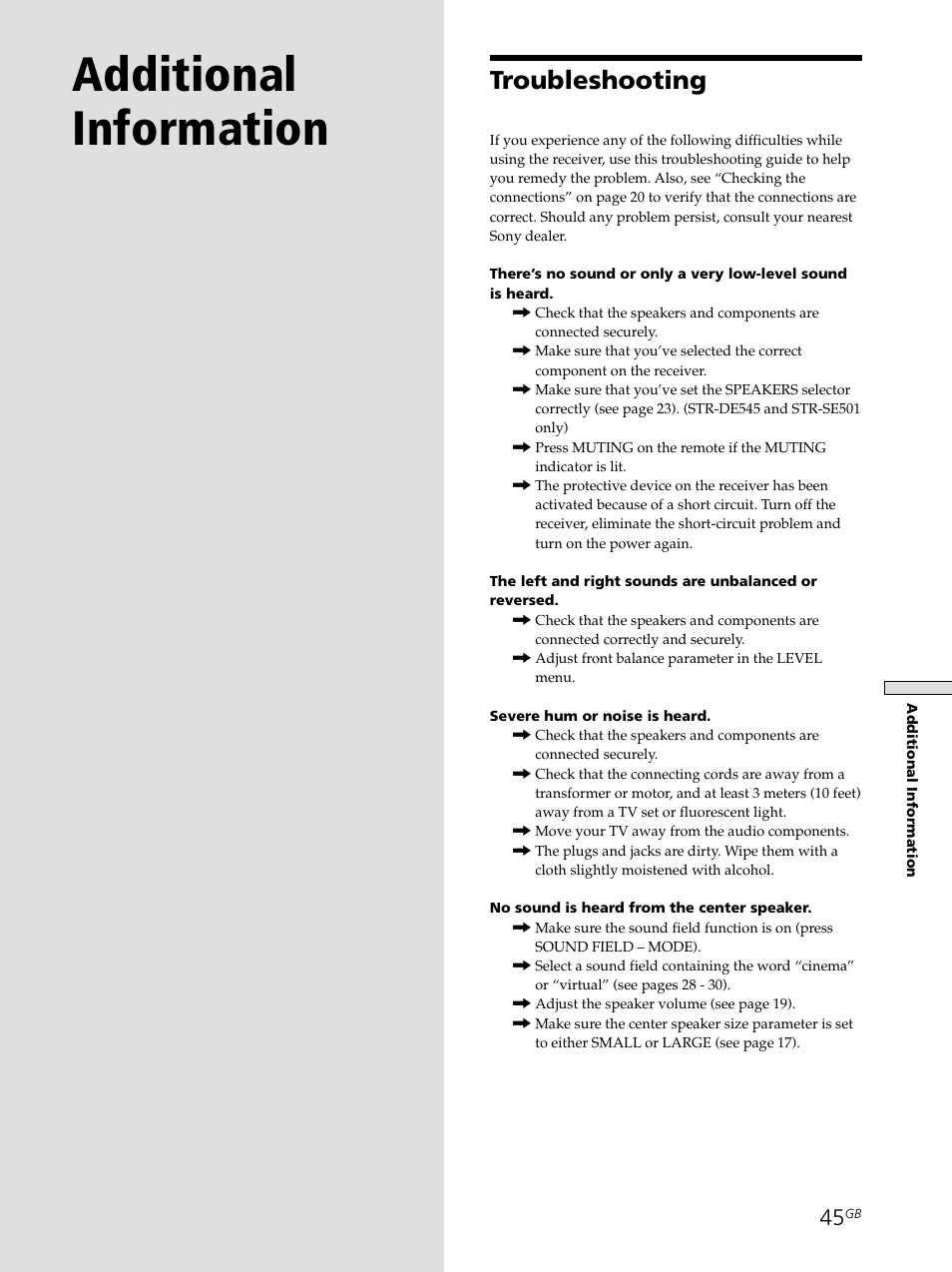 Additional information, Troubleshooting 45, Troubleshooting | Sony STR-SE501 User Manual | Page 45 / 161