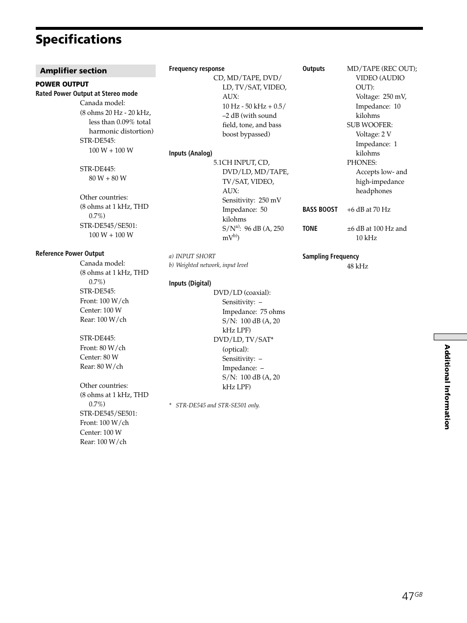 Specifications 47, Specifications | Sony STR-SE501 User Manual | Page 47 / 161