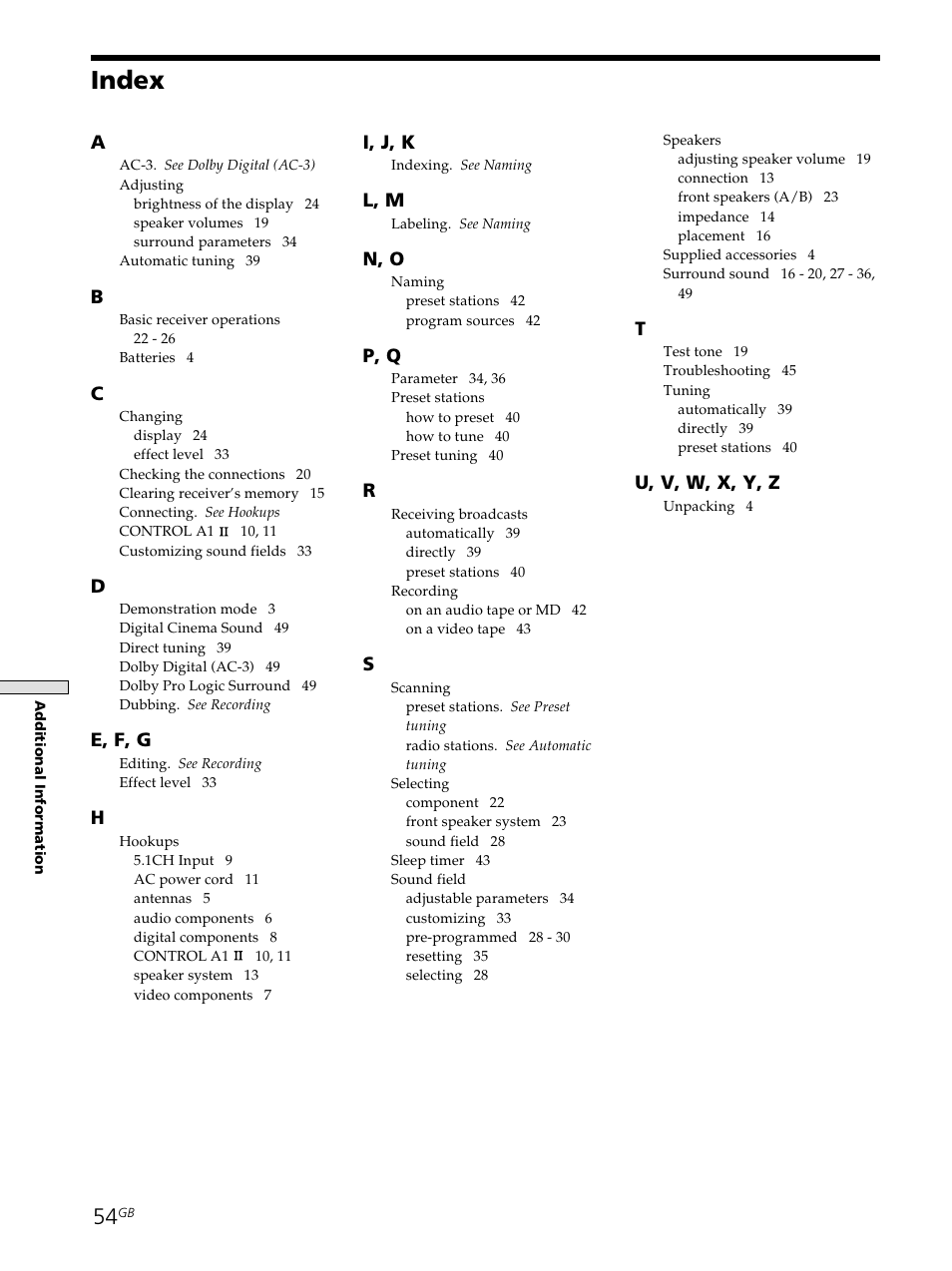 Index 54, Index | Sony STR-SE501 User Manual | Page 54 / 161