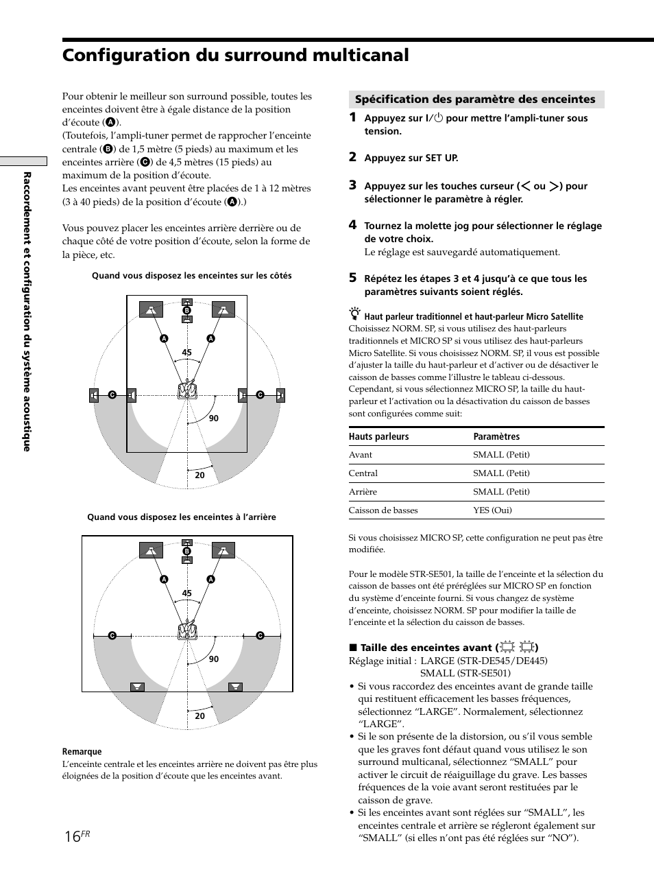 Configuration du surround multicanal 16, Configuration du surround multicanal | Sony STR-SE501 User Manual | Page 69 / 161