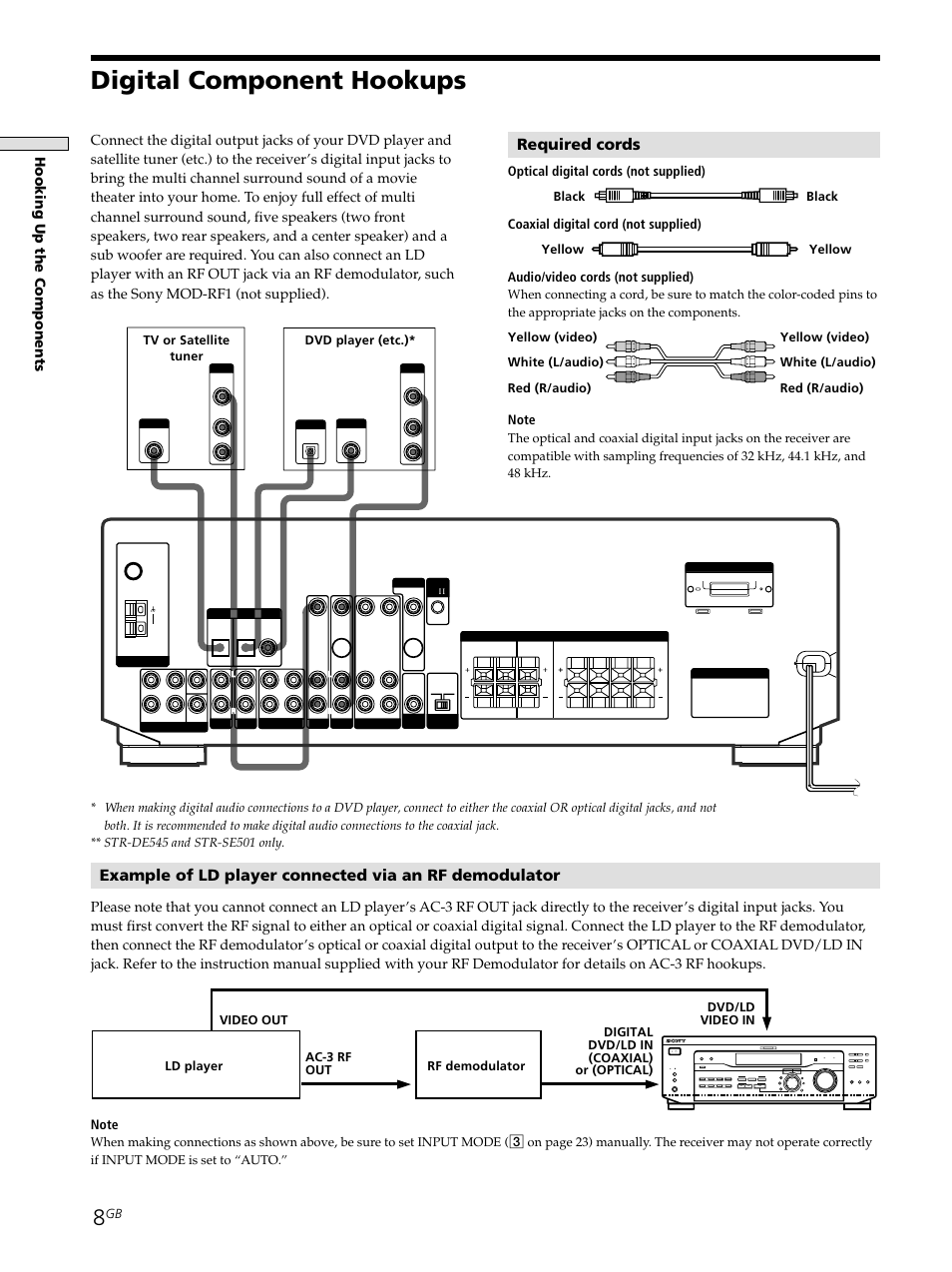 Digital component hookups 8, Digital component hookups, Required cords | Hooking up the components, Shift | Sony STR-SE501 User Manual | Page 8 / 161