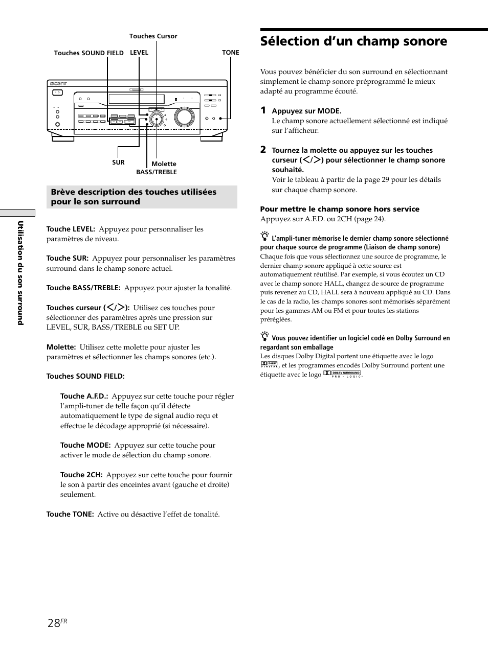 Sélection d’un champ sonore 28, Sélection d’un champ sonore, Utilisation du son sur round | Sony STR-SE501 User Manual | Page 81 / 161