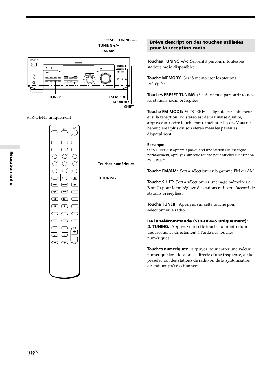 Ré ception radio, Remarque, Touches numériques | D.tuning | Sony STR-SE501 User Manual | Page 91 / 161