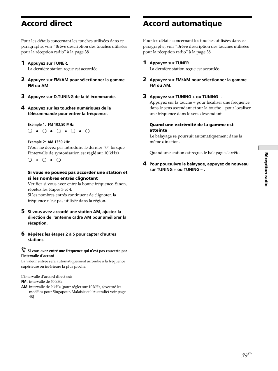Accord direct 39 accord automatique 39, Accord direct, Accord automatique | Sony STR-SE501 User Manual | Page 92 / 161