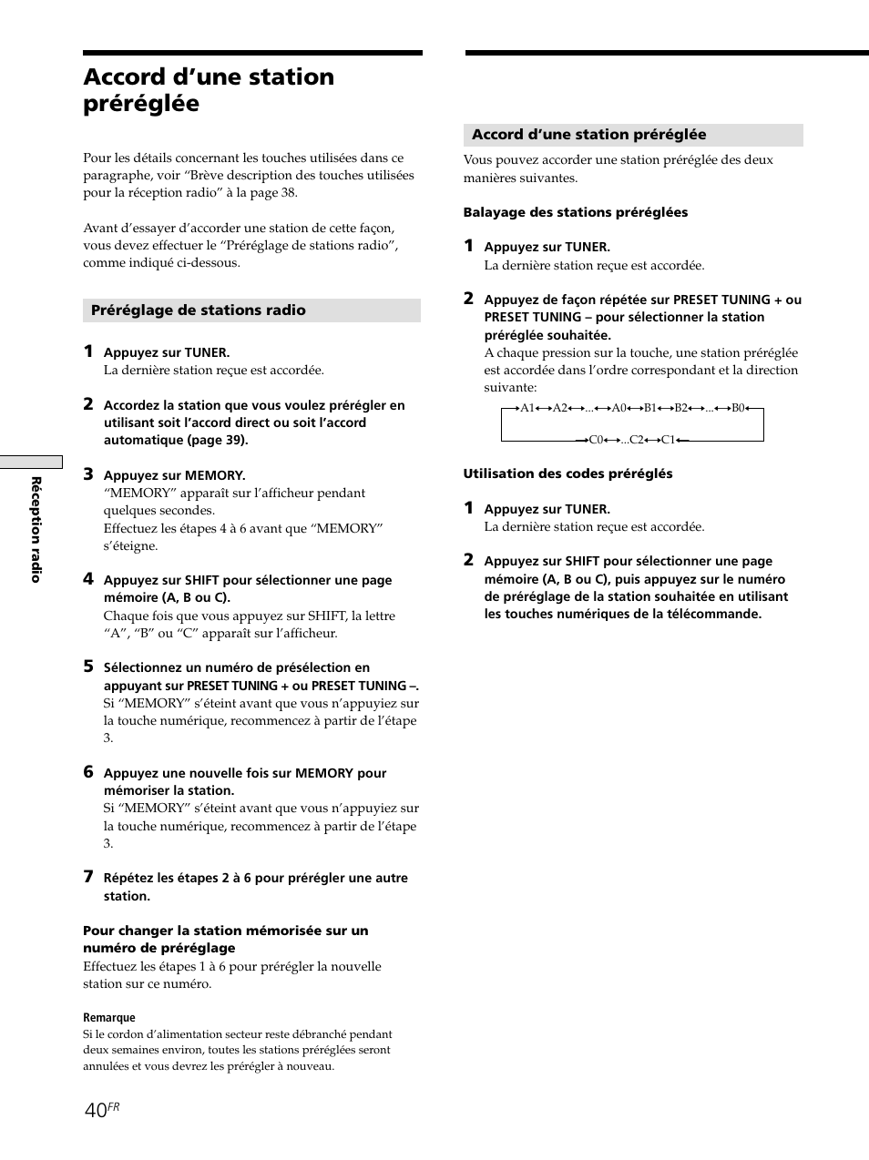 Accord d’une station préréglée 40, Accord d’une station préréglée | Sony STR-SE501 User Manual | Page 93 / 161