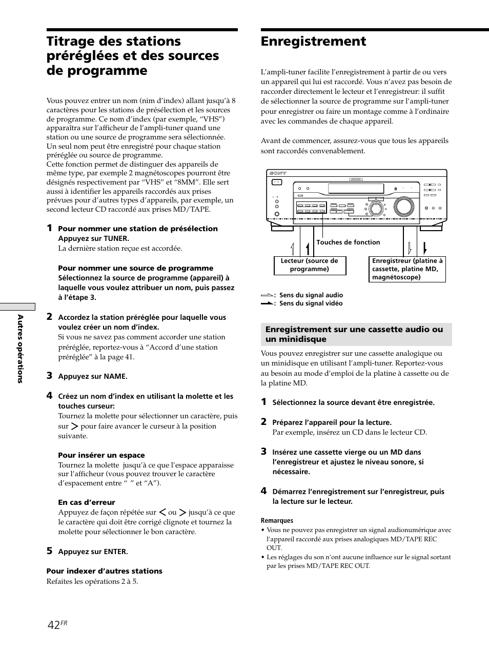 Titrage des stations préréglées et des sources de, Programme 42, Enregistrement 42 | Enregistrement, Autr es op é rations, Appuyez sur name, Sélectionnez la source devant être enregistrée, Remarques | Sony STR-SE501 User Manual | Page 95 / 161