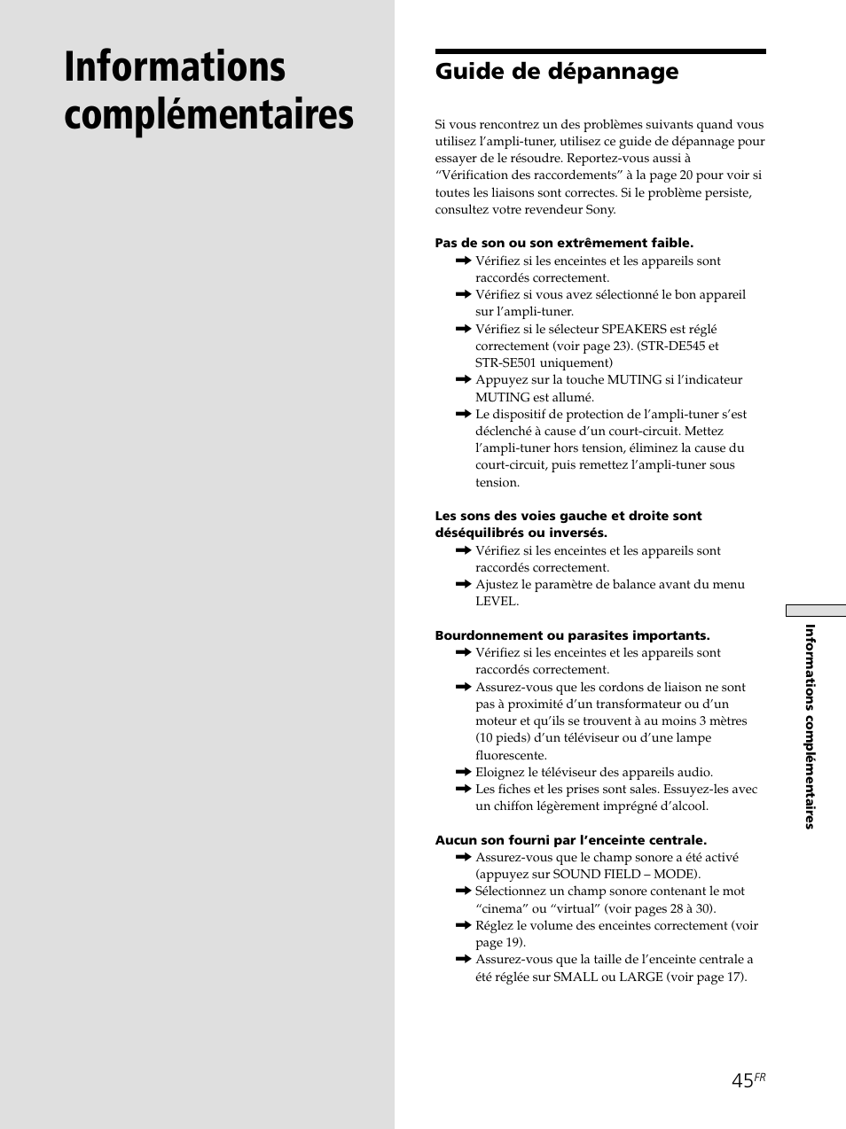 Informations complémentaires 45, Guide de dépannage 45, Informations complémentaires | Guide de dépannage | Sony STR-SE501 User Manual | Page 98 / 161