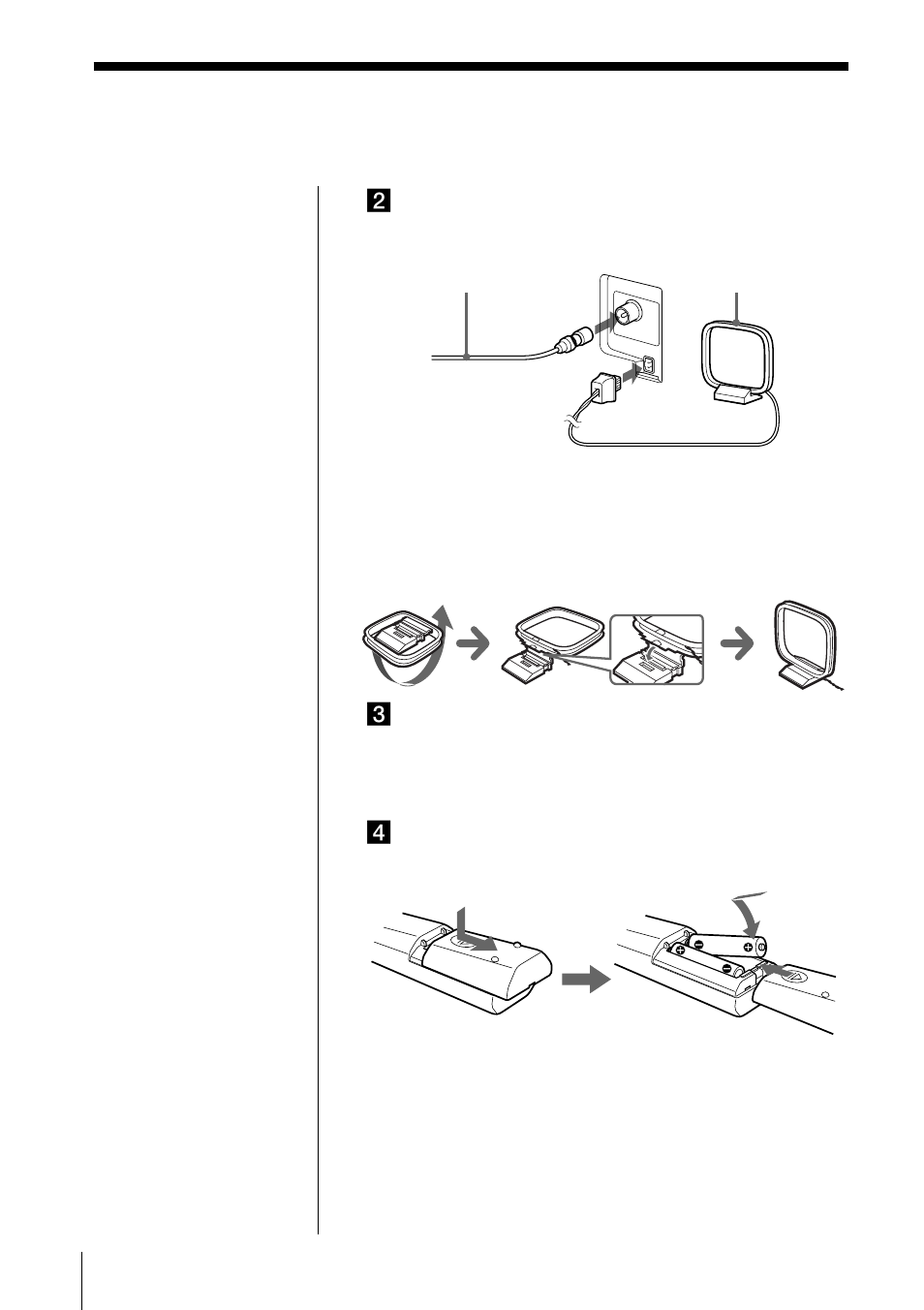2 conexión de las antenas, 3 conexión del cable de alimentación de ca, 4 inserción de las pilas en el mando a distancia | Conexión del sistema (continuación) | Sony PMC-R30L User Manual | Page 60 / 68