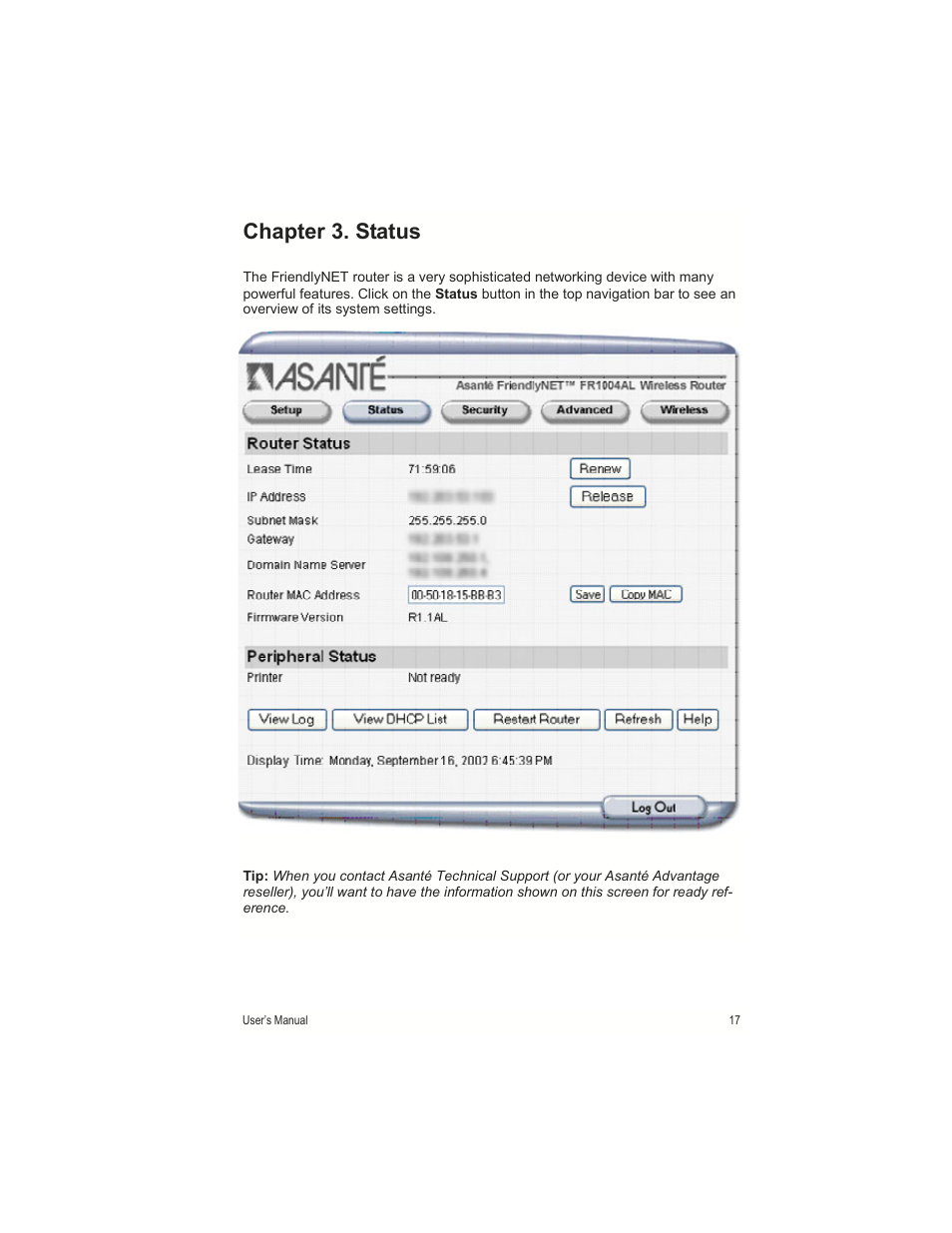 Chapter 3. status | Asante Technologies FR1000 User Manual | Page 17 / 68