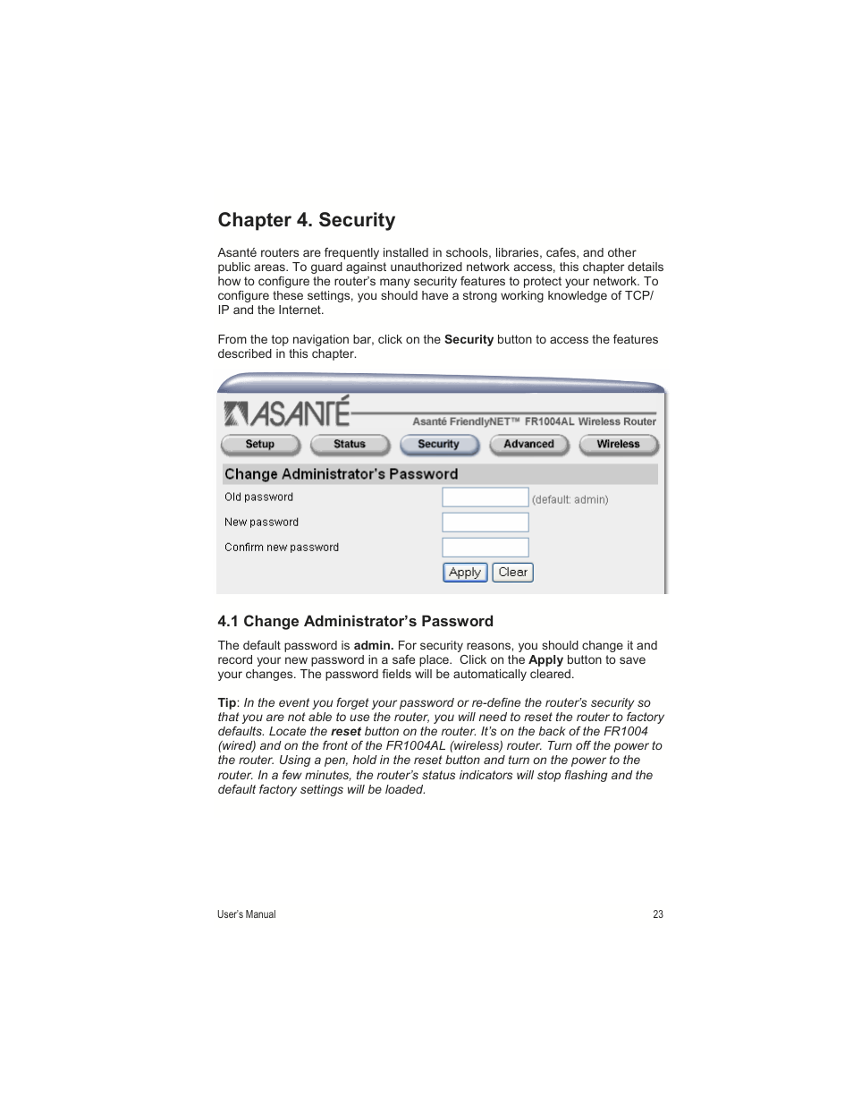 Chapter 4. security | Asante Technologies FR1000 User Manual | Page 23 / 68