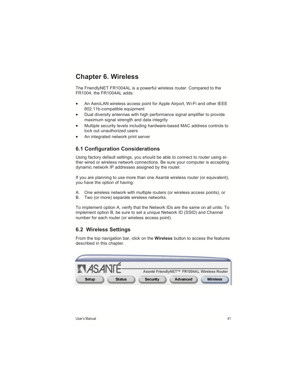 Chapter 6. wireless | Asante Technologies FR1000 User Manual | Page 41 / 68