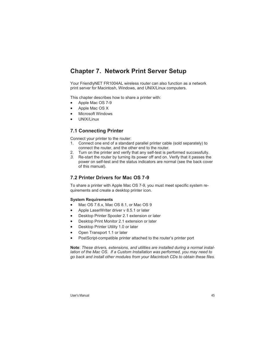 Chapter 7. network print server setup | Asante Technologies FR1000 User Manual | Page 45 / 68