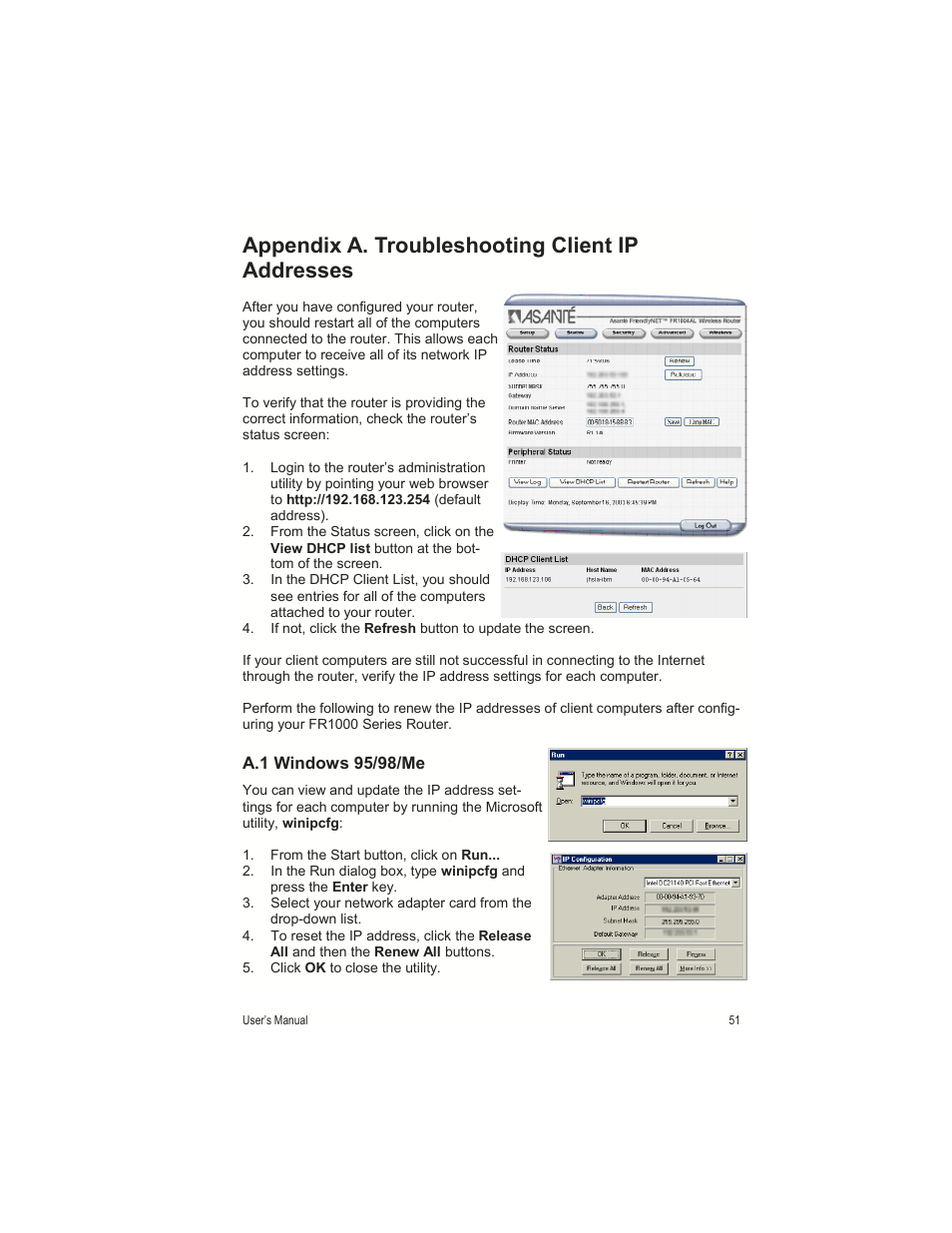 Appendix a. troubleshooting client ip addresses | Asante Technologies FR1000 User Manual | Page 51 / 68