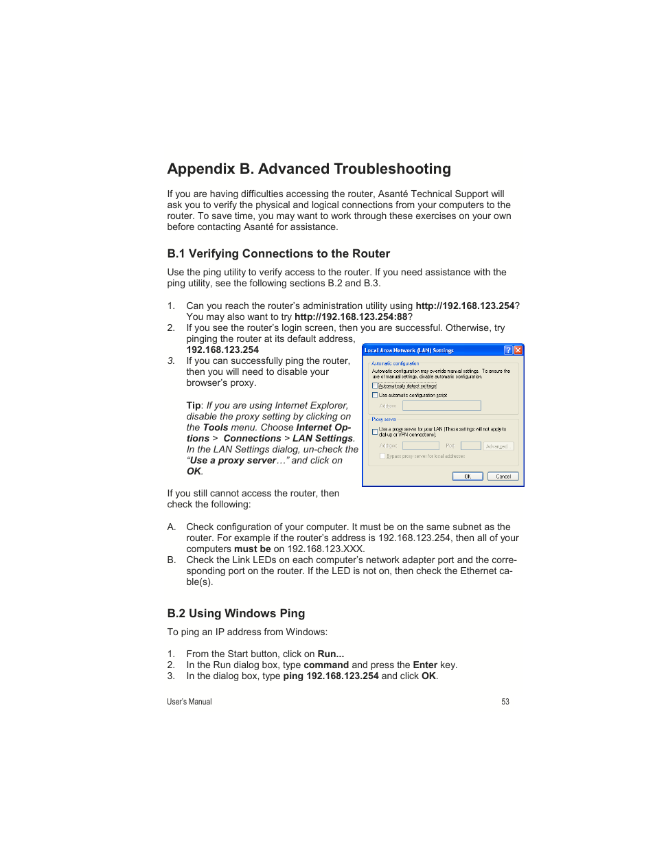 Appendix b. advanced troubleshooting | Asante Technologies FR1000 User Manual | Page 53 / 68