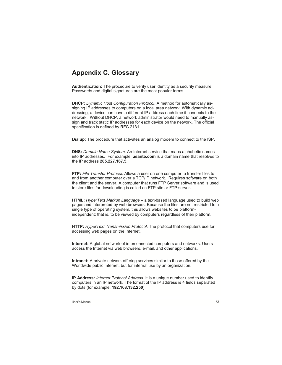 Appendix c. glossary | Asante Technologies FR1000 User Manual | Page 57 / 68