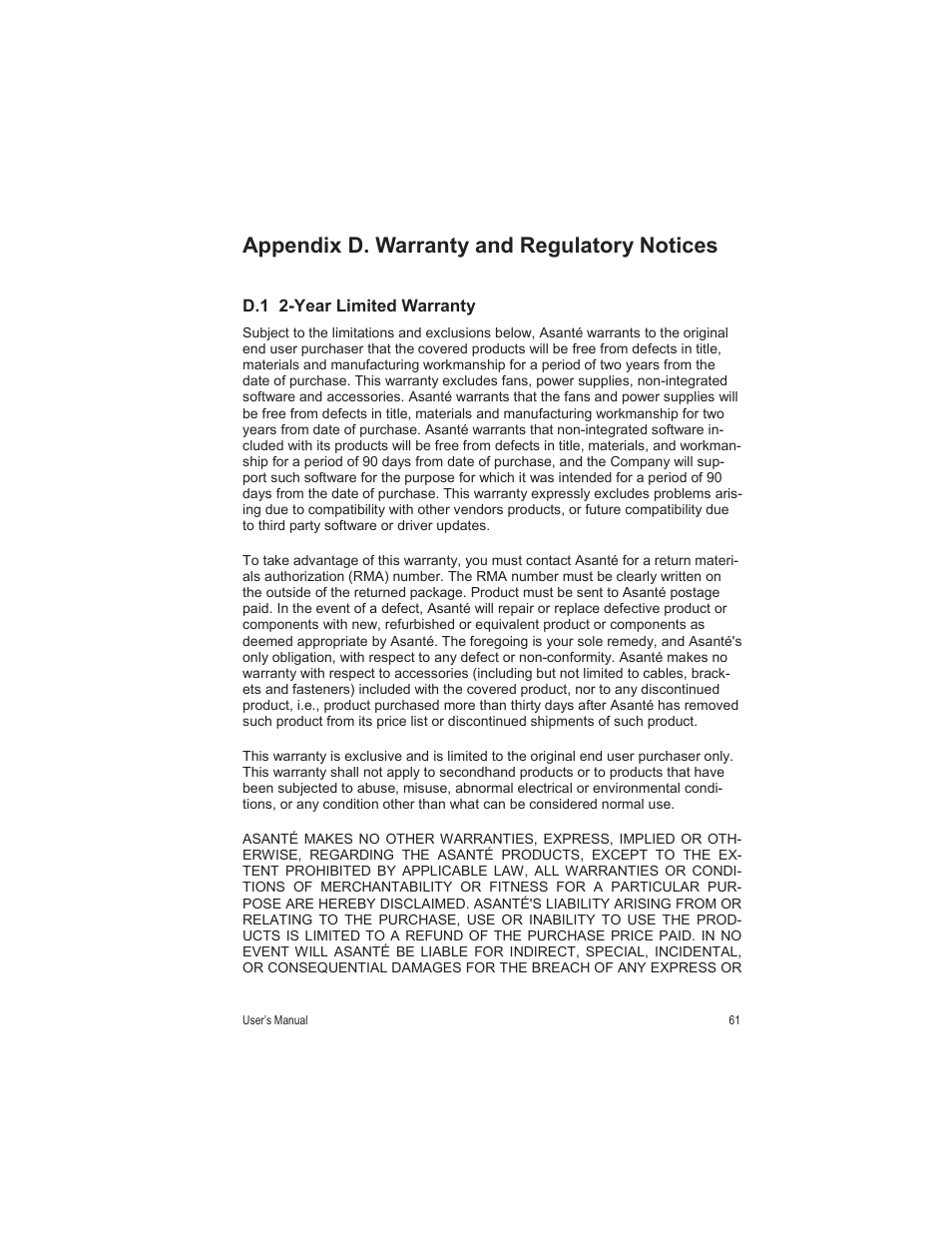 Appendix d. warranty and regulatory notices | Asante Technologies FR1000 User Manual | Page 61 / 68