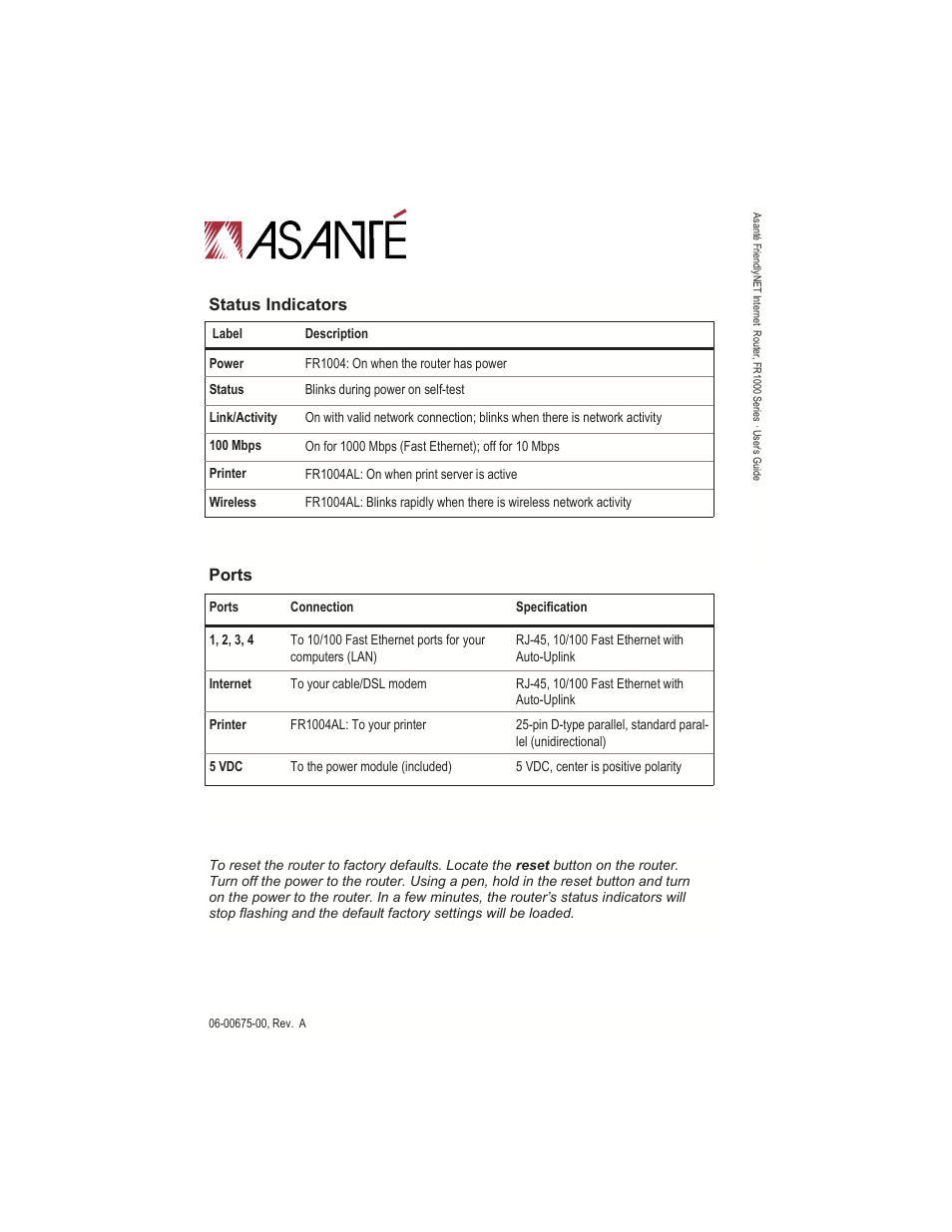 Status indicators ports | Asante Technologies FR1000 User Manual | Page 68 / 68