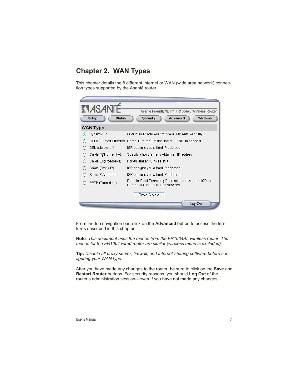 Chapter 2. wan types | Asante Technologies FR1000 User Manual | Page 7 / 68