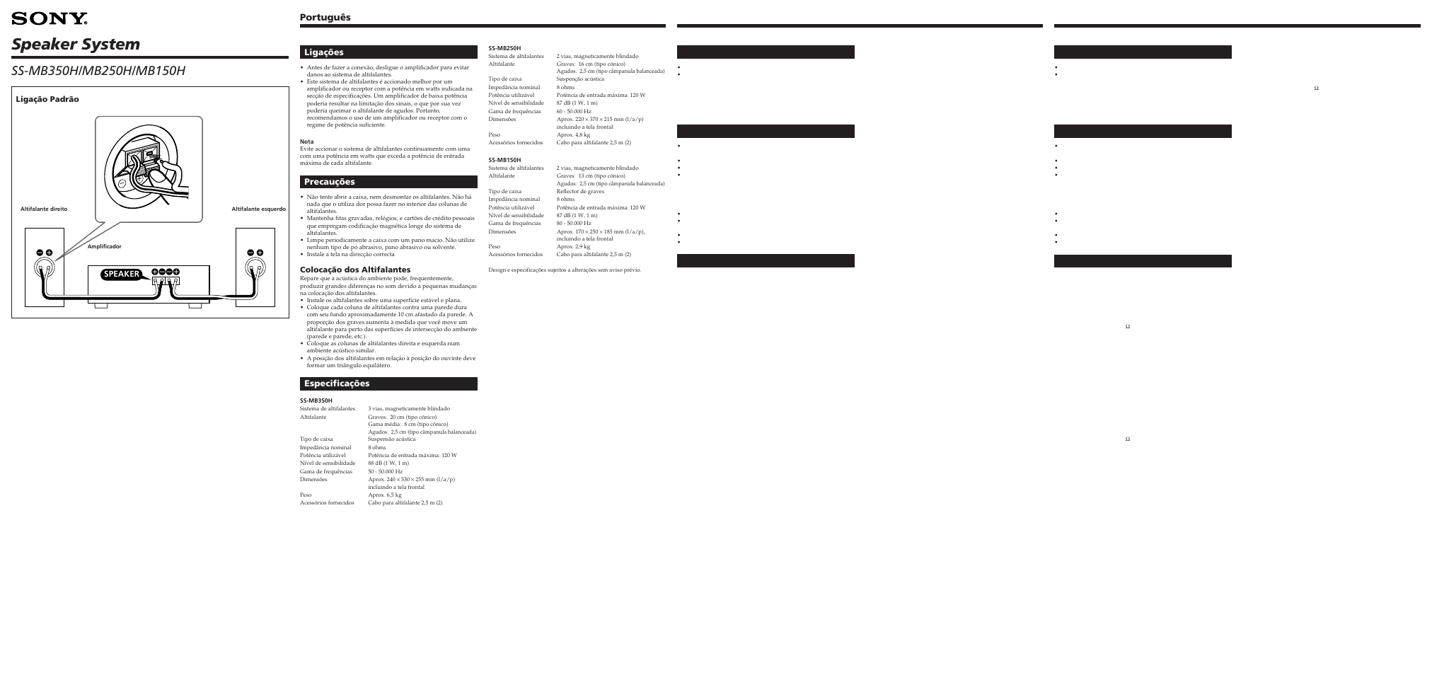 Speaker system, Português 中文（繁體） 中文（简体, Ligações | Precauções, Especificações, 使用前須注意, 使用前须注意, Ligação padrão /標準連接/标准连接, Speaker, Colocação dos altifalantes | Sony SS-MB250H User Manual | Page 2 / 2