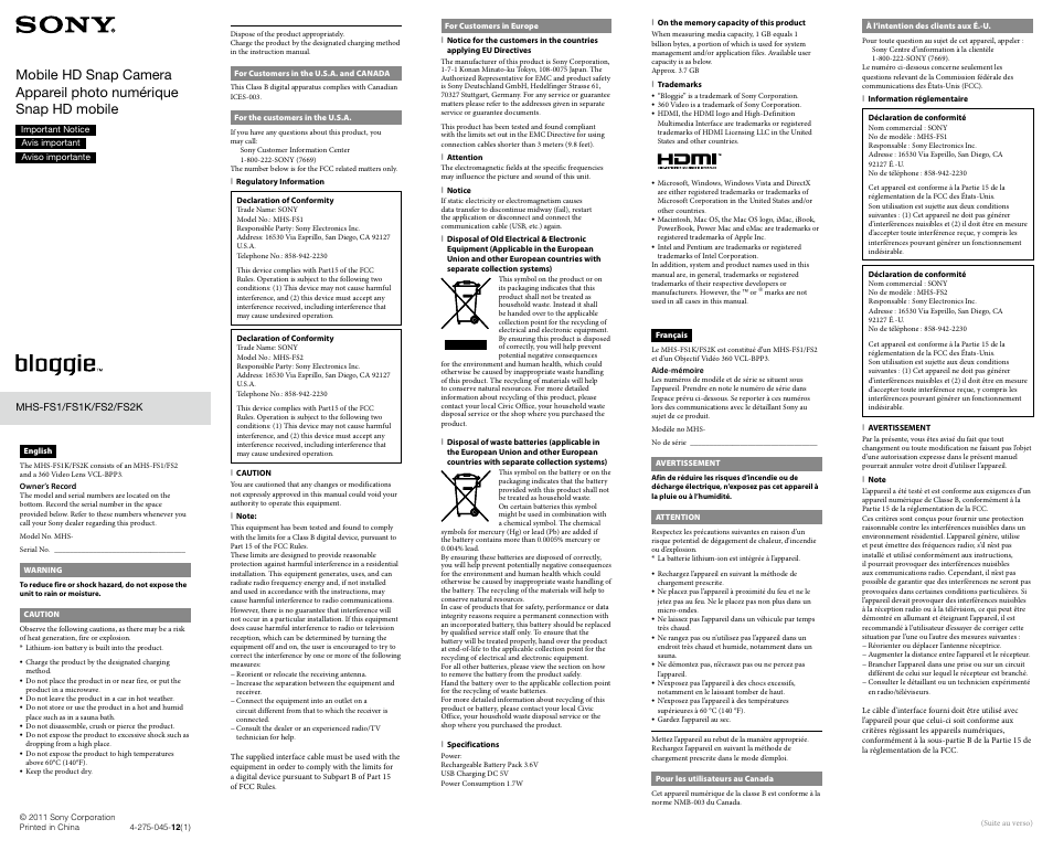 Sony bloggie MHS-FS1 User Manual | 2 pages