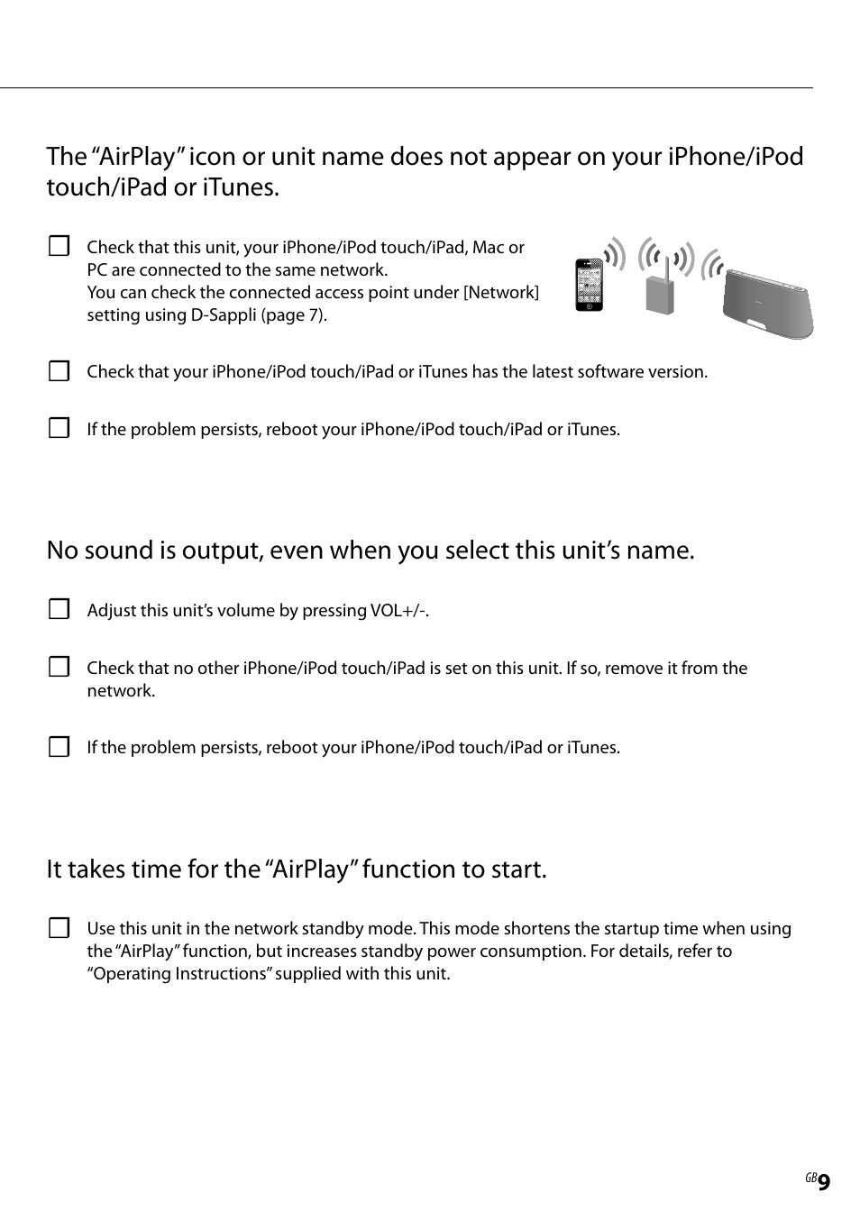 If you encounter a problem, please check | Sony RDP-XA700iP User Manual | Page 9 / 28