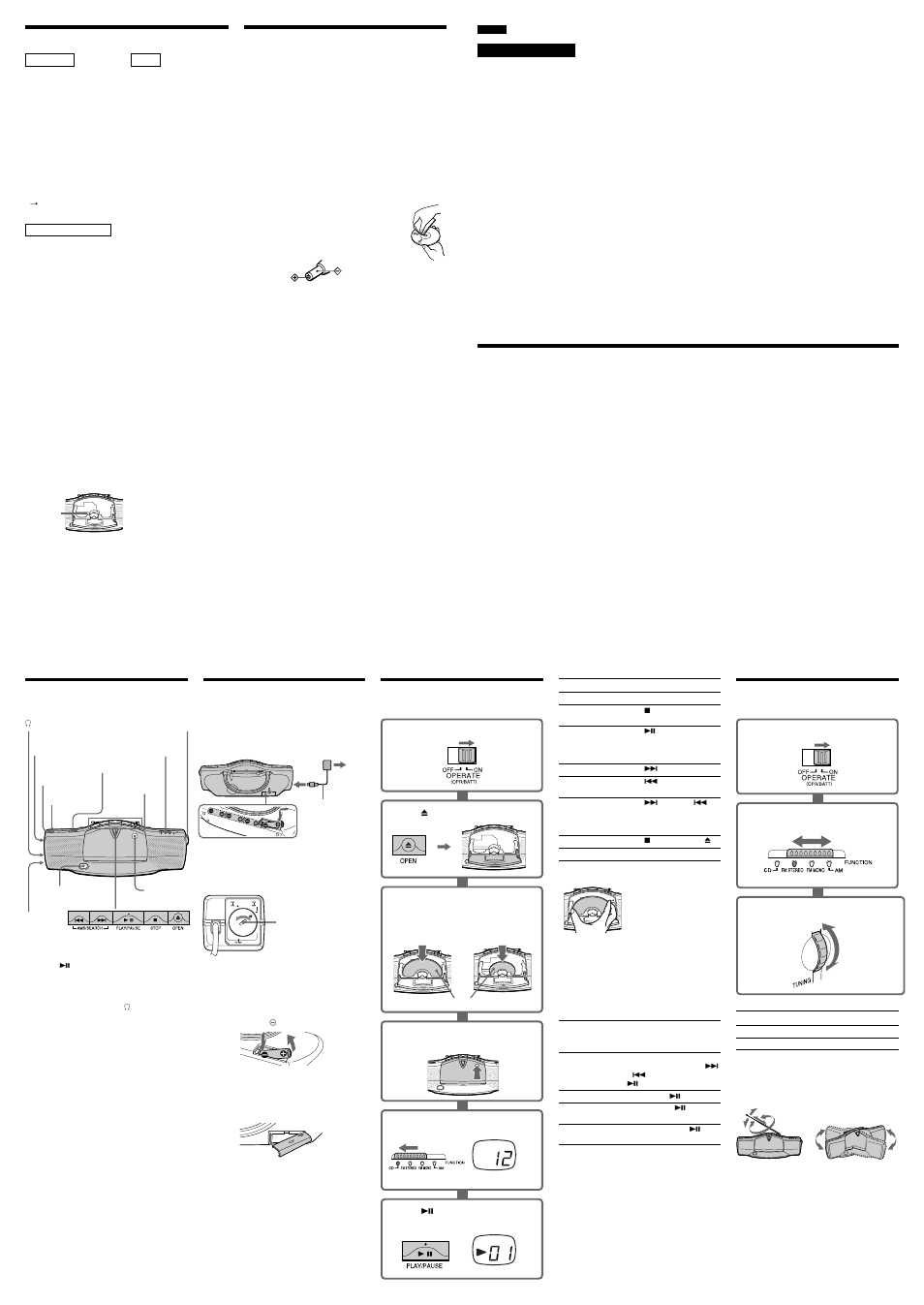 Solución de problemas, Precauciones, Especificaciones | Ubicación de los controles, Reproducción de un disco compacto, Recepción de la emisión de radio, Elección de fuentes de alimentación | Sony CFD-E10 User Manual | Page 2 / 2