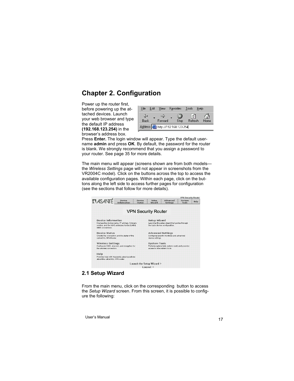 Chapter 2. configuration | Asante Technologies VR2004 User Manual | Page 17 / 76