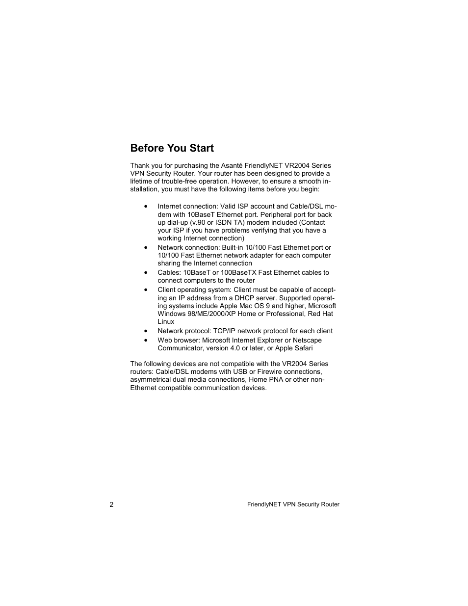 Before you start | Asante Technologies VR2004 User Manual | Page 2 / 76