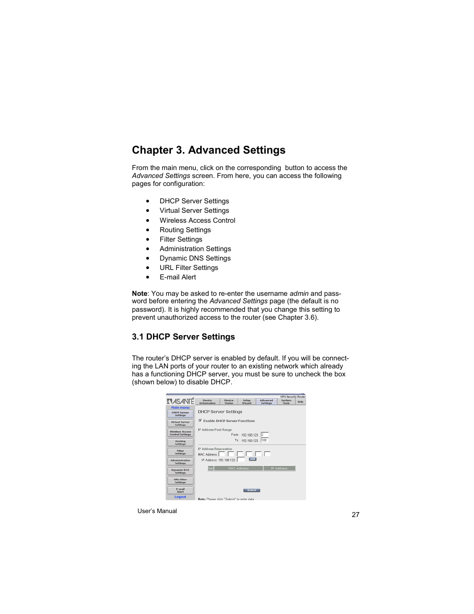 Chapter 3. advanced settings | Asante Technologies VR2004 User Manual | Page 27 / 76