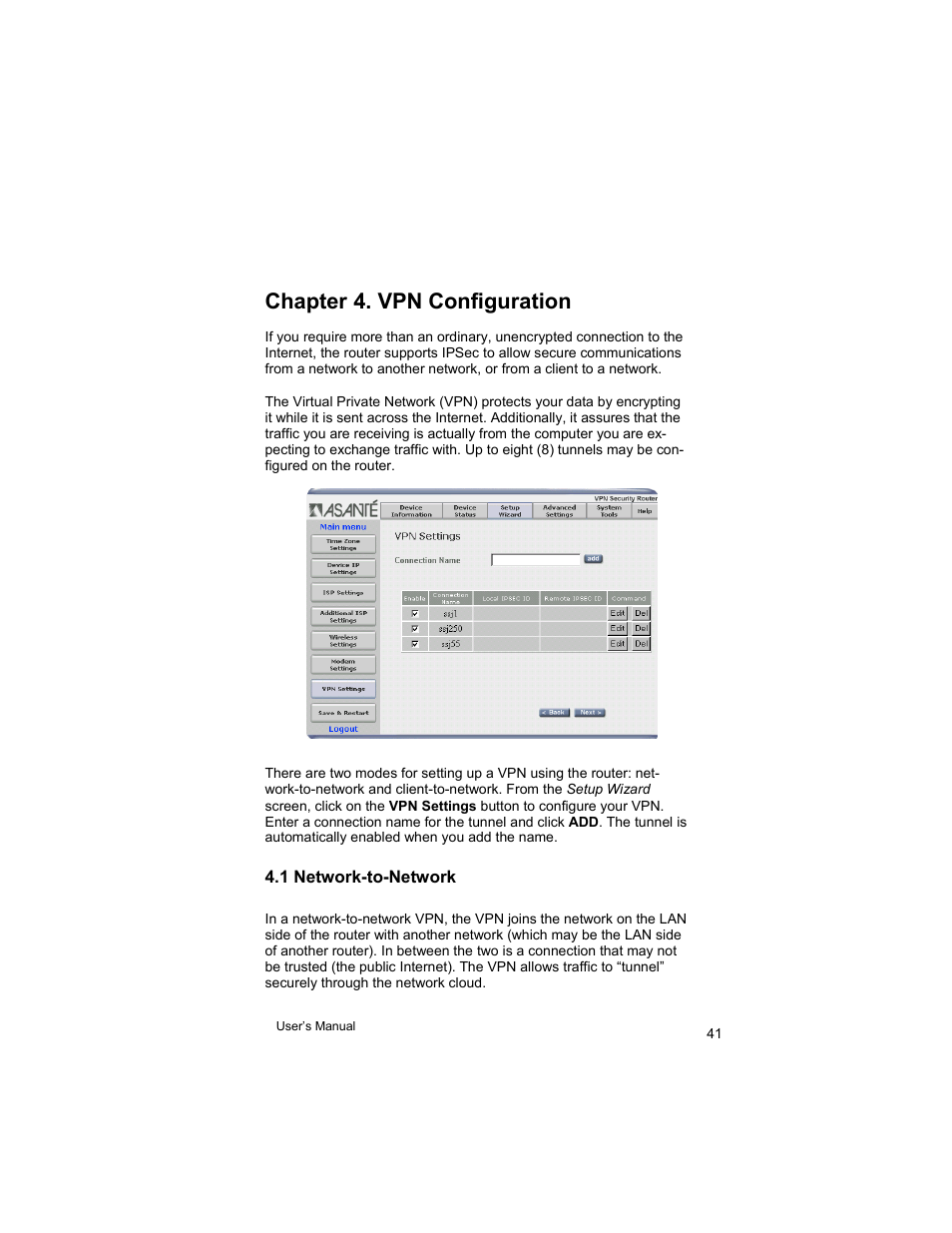 Chapter 4. vpn configuration | Asante Technologies VR2004 User Manual | Page 41 / 76