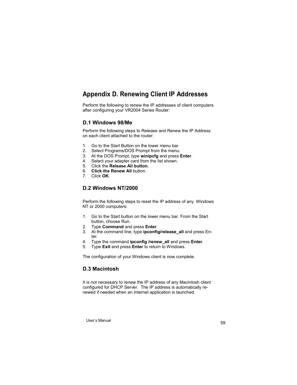 Appendix d. renewing client ip addresses | Asante Technologies VR2004 User Manual | Page 59 / 76