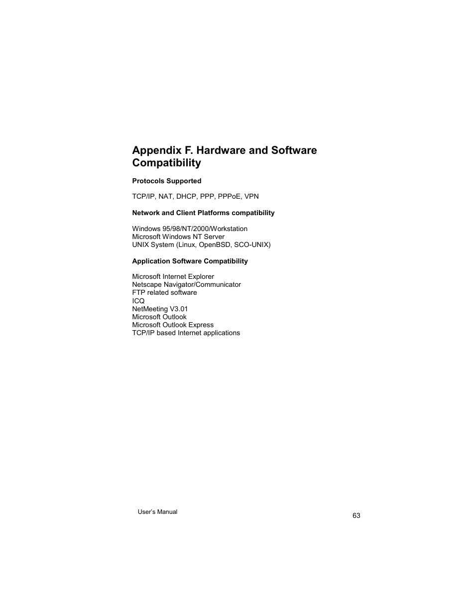 Appendix f. hardware and software compatibility | Asante Technologies VR2004 User Manual | Page 63 / 76