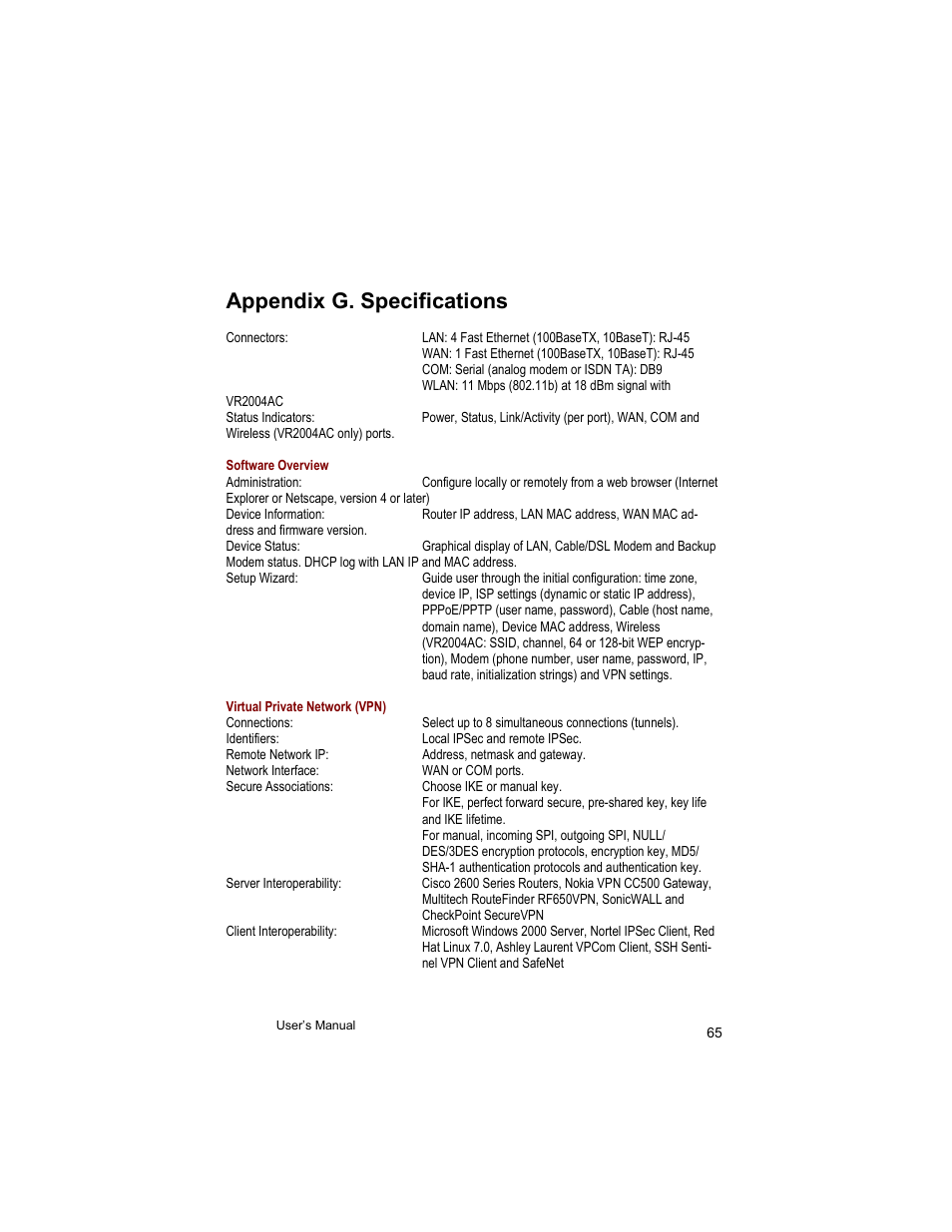 Appendix g. specifications | Asante Technologies VR2004 User Manual | Page 65 / 76
