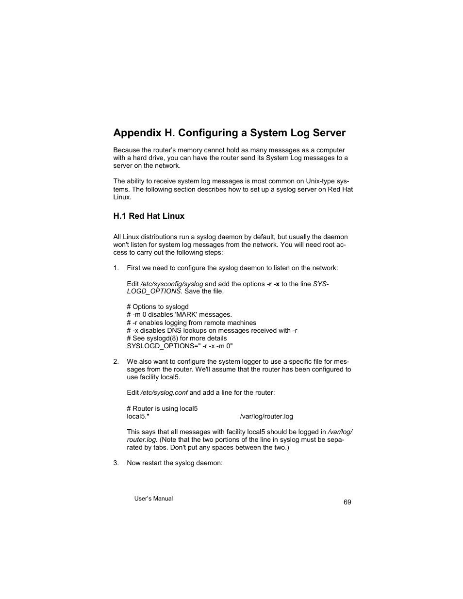 Appendix h. configuring a system log server | Asante Technologies VR2004 User Manual | Page 69 / 76