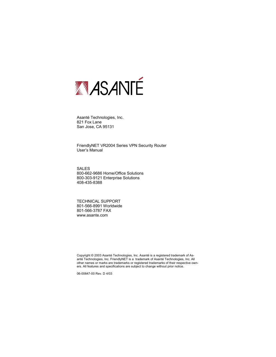 Asante Technologies VR2004 User Manual | Page 76 / 76