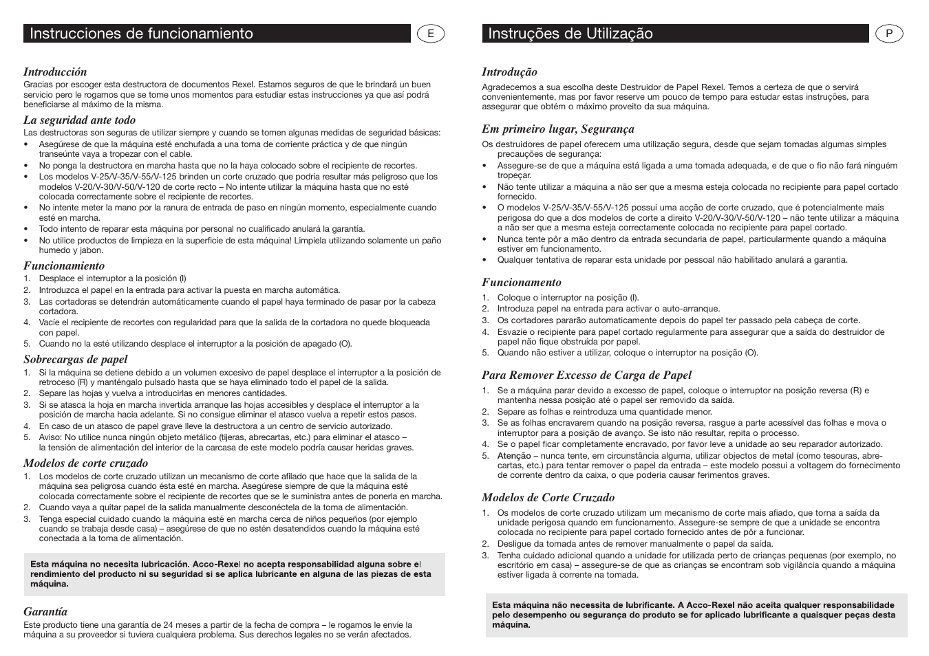 Instrucciones de funcionamiento, Instruções de utilização | ACCO Brands V-30 User Manual | Page 6 / 8