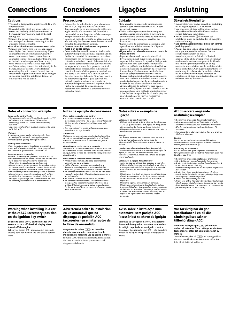 Connections, Conexiones, Anslutning | Ligações, Cautions, Precauciones, Säkerhetsföreskrifter, Cuidado, Notas de ejemplo de conexiones, Att observera angående anslutningsexemplen | Sony CDX-4270R User Manual | Page 3 / 4