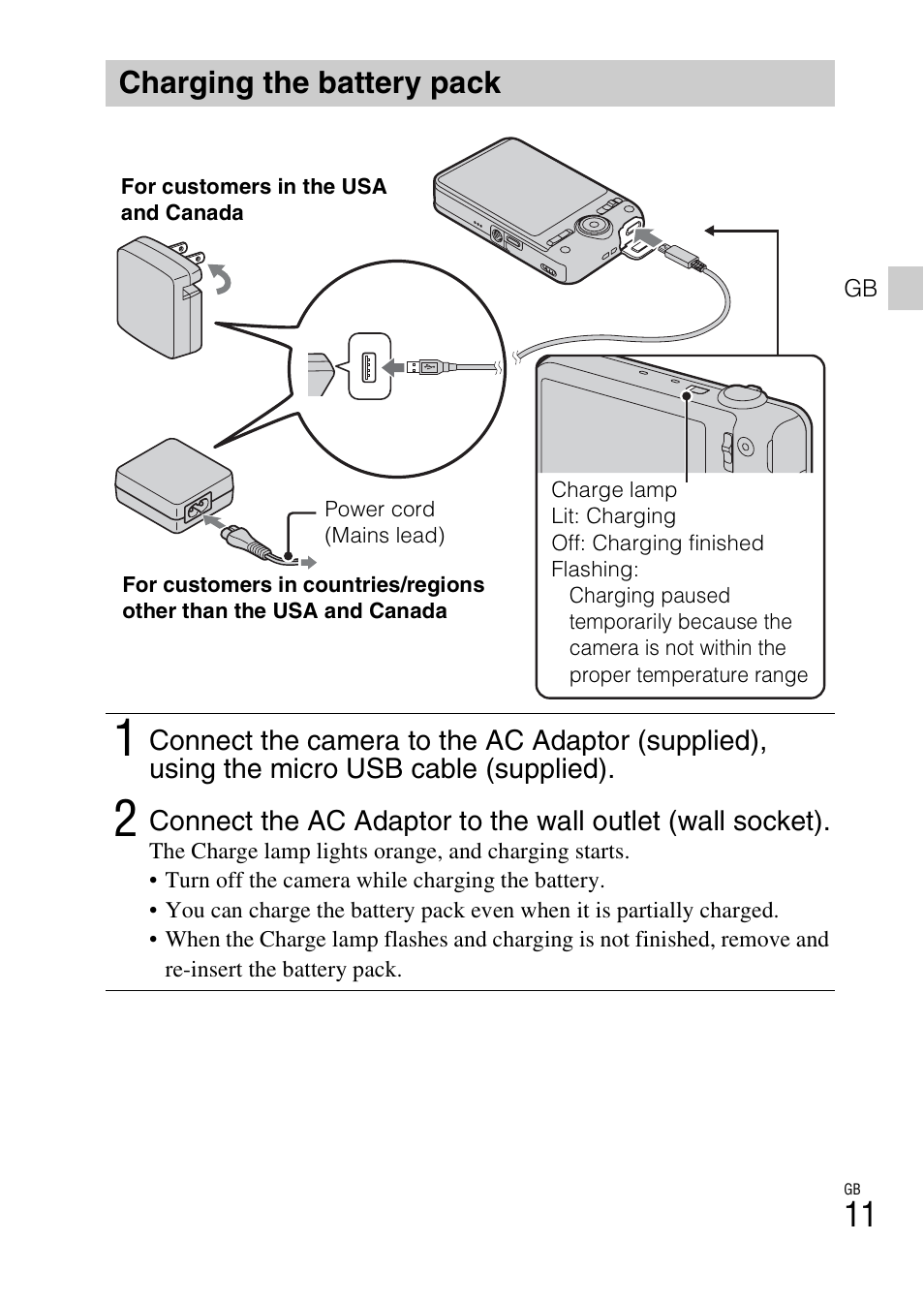 Charging the battery pack | Sony DSC-WX60 User Manual | Page 11 / 72