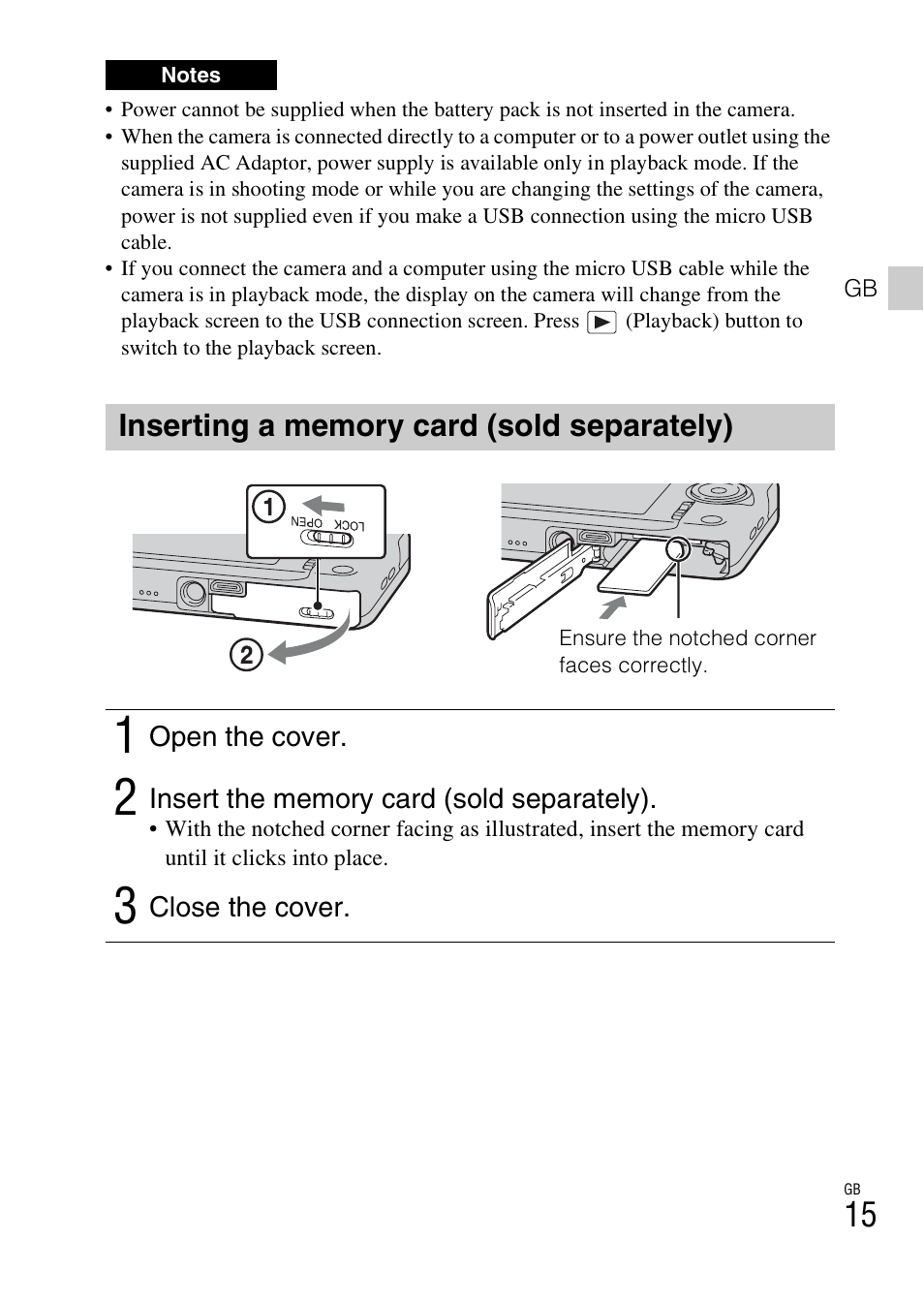 Inserting a memory card (sold separately) | Sony DSC-WX60 User Manual | Page 15 / 72