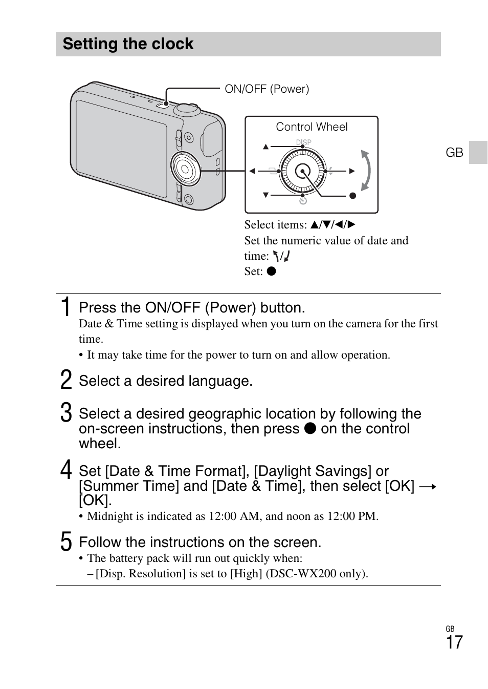 Setting the clock | Sony DSC-WX60 User Manual | Page 17 / 72