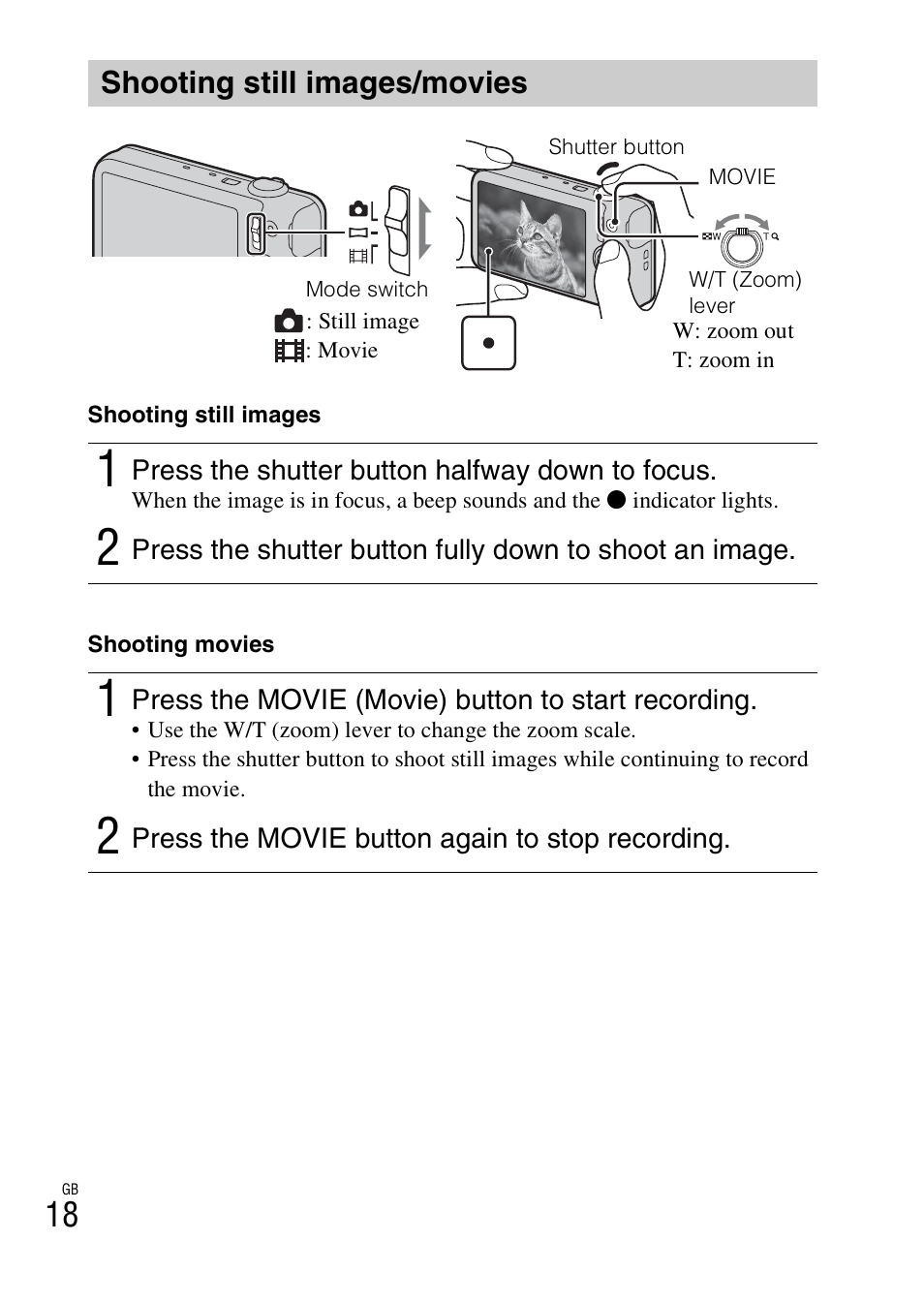 Shooting still images/movies | Sony DSC-WX60 User Manual | Page 18 / 72